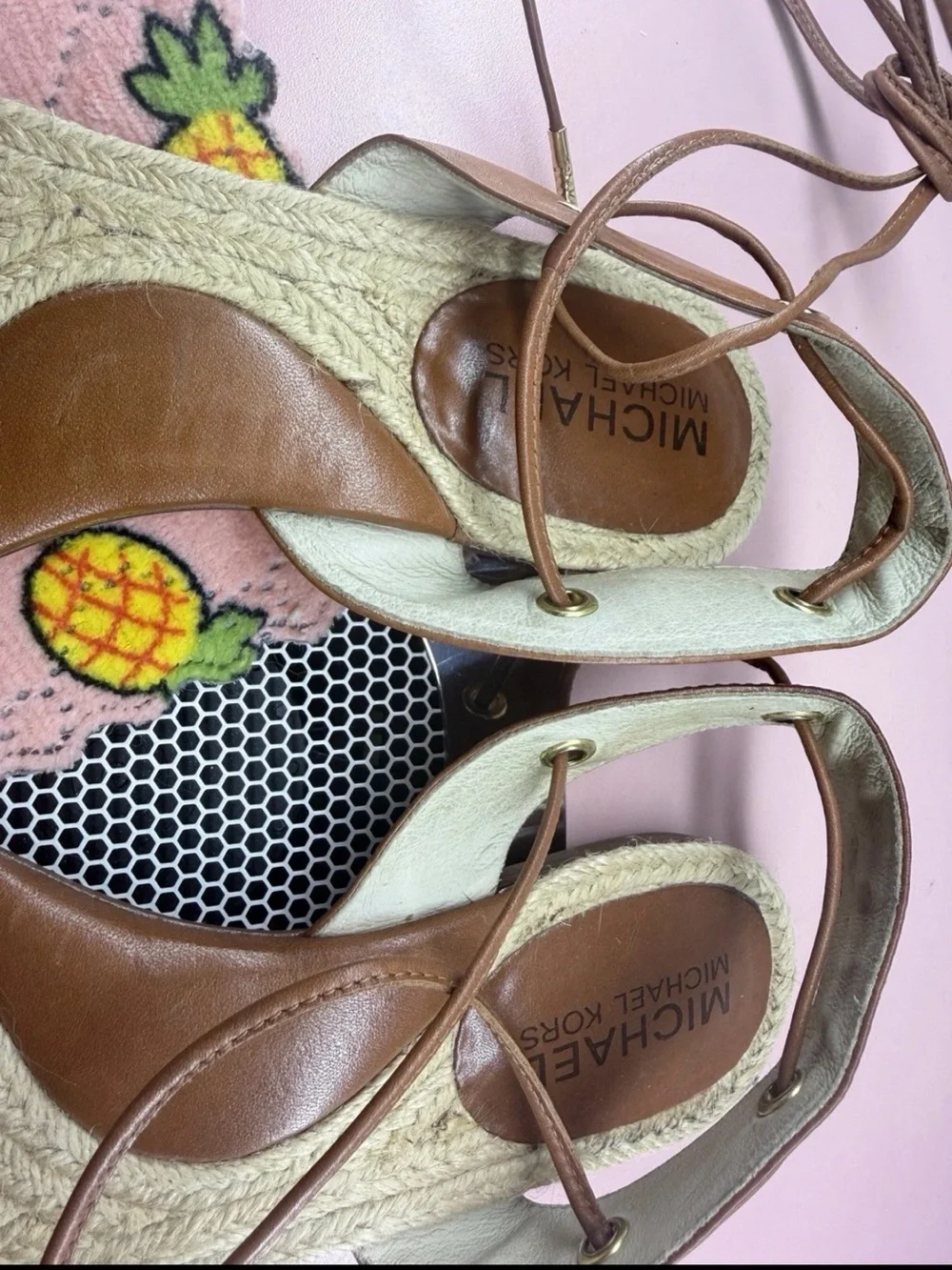 Michael Kors Fuchsia Canvas Espadrille Sandals with Tan Trim